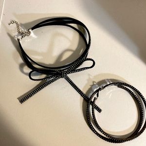 Black Bow Rhinestone Choker & Big Hoops Earrings